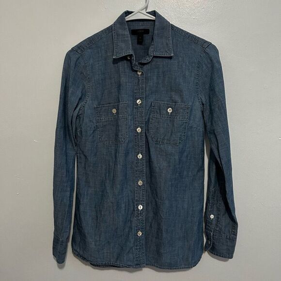 J. Crew Blue Cotton Button Front Shirt Womens Size 2 Classic Coastal Casual - Picture 1 of 10